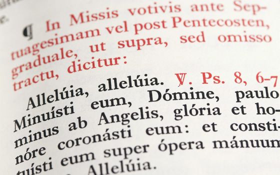 A detail of the Gospel acclamation from a reproduction of the 1962 Roman Missal. Commonly known as the Tridentine Mass, the Mass of this missal is entirely in Latin. (CNS/Nancy Wiechec)
