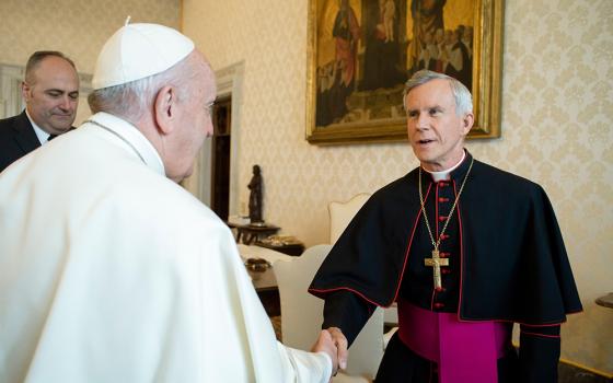 Pope Francis greets Bishop Joseph Strickland of Tyler, Texas, during a meeting with U.S. bishops from Arkansas, Oklahoma and Texas during their "ad limina" visits to the Vatican Jan. 20, 2020. (CNS/Vatican Media)
