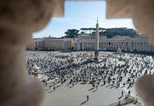 People in St. Peter's Square attend Pope Francis' recitation of the Angelus at the Vatican Nov. 8, 2020. The pope said people sometimes forget that life's ultimate purpose is preparing for the kingdom of heaven. (CNS/Vatican Media)