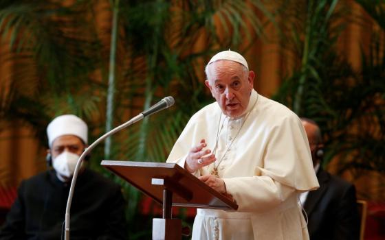 Pope Francis addresses the meeting, "Faith and Science: Towards COP26," with religious leaders in the Hall of Benedictions at the Vatican in this Oct. 4, 2021, file photo. The pope released a written message Nov. 2 to the U.N. Climate Summit, COP26, in Glasgow, Scotland. (CNS/Paul Haring)