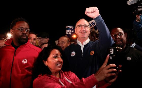 United Auto Workers union President Shawn Fain joins striking UAW members on the picket line at the Ford Michigan Assembly Plant, Sept. 15 in Wayne, Michigan. (OSV News/Reuters/Rebecca Cook)