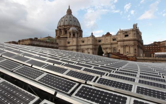 Solar panels are seen on the roof of the Paul VI audience hall at the Vatican in this Dec. 1, 2010, file photo. (CNS/Paul Haring)