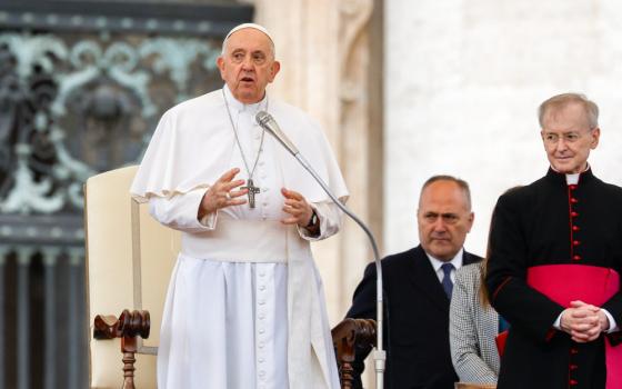 Pope Francis begins his weekly general audience in St. Peter's Square at the Vatican Oct. 25, 2023. (CNS photo/Lola Gomez)