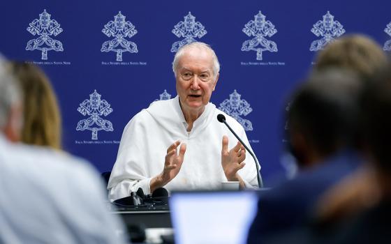 Dominican Fr. Timothy Radcliffe, spiritual adviser to the assembly of the Synod of Bishops, speaks during a briefing at the Vatican Oct. 27. (CNS/Lola Gomez)