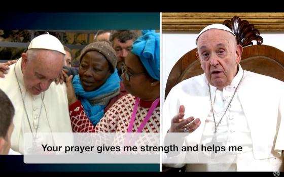 Pope Francis bows his head as Black women place his hands on his shoulders in a photo on the left. On the right, he speaks from a chair. Below the photos, it says, "your prayer gives me strength and helps me."