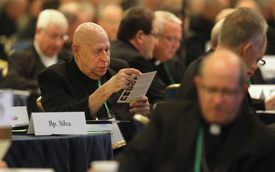 Bishops pray during a Nov. 14 session of the fall general assembly of the U.S. Conference of Catholic Bishops in Baltimore. (OSV News/Bob Roller)