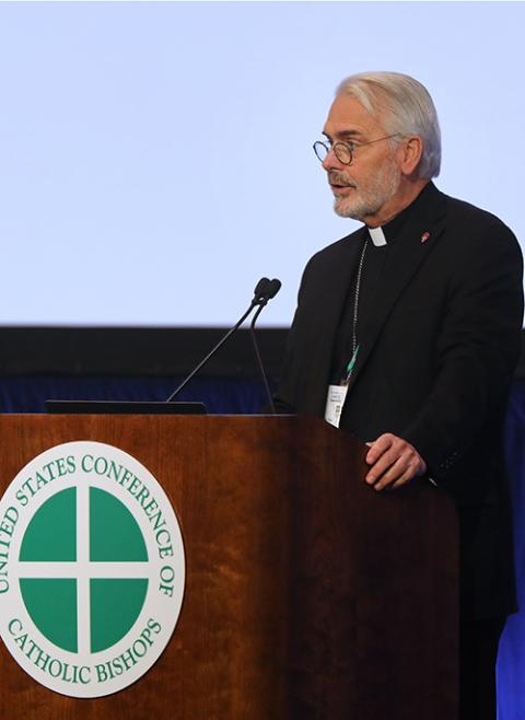 Archbishop Paul Coakley of Oklahoma City speaks during a Nov. 14, 2023, session of the fall general assembly of the U.S. bishops' conference in Baltimore. (OSV News/Bob Roller)