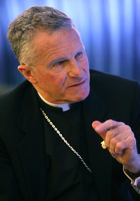 Archbishop Timothy Broglio of the U.S. Archdiocese for the Military Services, president of the U.S. Conference of Catholic Bishops, speaks during an interview with OSV News at the bishops' fall general assembly Nov. 15 in Baltimore. (OSV News/Bob Roller)
