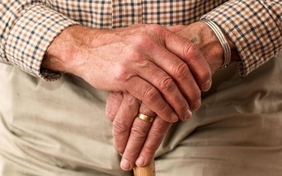 An elderly man's hands, wearing a wedding ring, rest on a cane (Pixabay/Steve Buissinne)