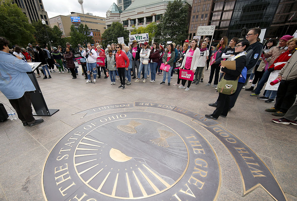 Supporters of Issue 1, the Right to Reproductive Freedom amendment, attend a rally held by Ohioans United for Reproductive Rights at the Ohio Statehouse in Columbus Oct. 8. (AP/Joe Maiorana)