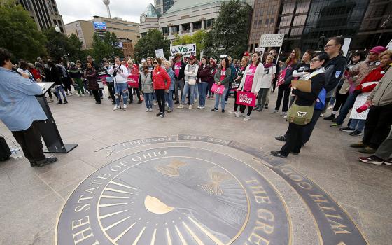 Supporters of Issue 1, the Right to Reproductive Freedom amendment, attend a rally held by Ohioans United for Reproductive Rights at the Ohio Statehouse in Columbus Oct. 8. (AP/Joe Maiorana)