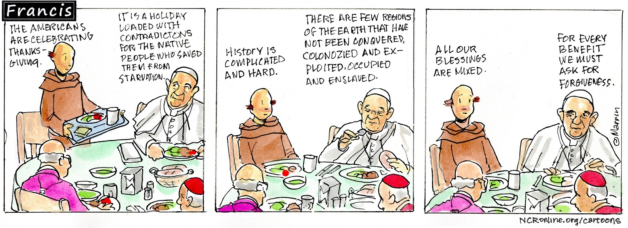 Francis, the comic strip: Brother Leo and Francis discuss the complicated history of America's holiday.