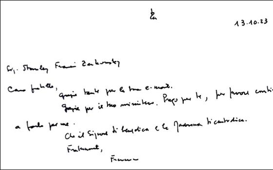 Pope Francis' handwritten note that Stan Zerkowski, executive director of Fortunate Families, received by email Oct. 13 (Courtesy of Stan Zerkowski)