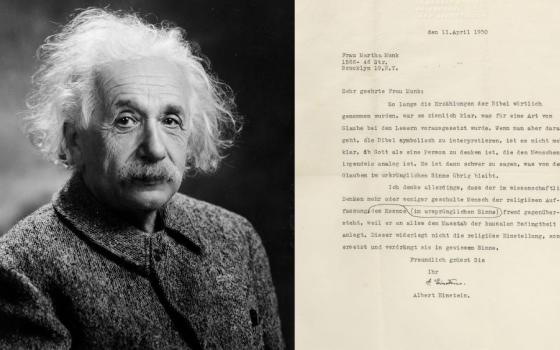 Albert Einstein, in 1947, with a letter he wrote in 1950. Einstein photo courtesy Creative Commons; letter courtesy Raab Collection