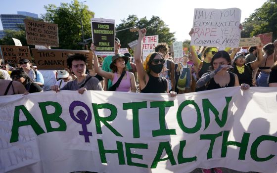 Demonstrators march and gather near the Texas state Capitol in Austin after the Supreme Court’s decision to overturn Roe v. Wade on June 24, 2022.