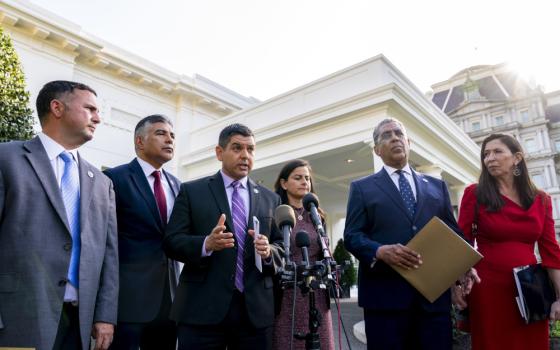 Congressional Hispanic Caucus Chairman Rep. Raul Ruiz, D-California, accompanied by from left, Rep. Darren Soto, D-Florida, Rep. Tony Cardenas, D-California, Rep. Nanette Barragan, D-California, Rep. Adriano Espaillat, D-New York, and Rep. Teresa Leger Fernandez, D-New Mexico, speaks to members of the media following a meeting with President Joe Biden at the White House in Washington on April 25. (AP/Andrew Harnik)