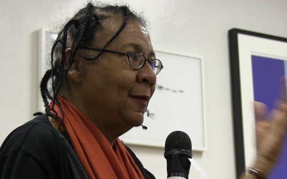 The late bell hooks is pictured at a talk in October 2014 at The New School in New York City. (Wikimedia Commons/Alex Lozupone, CC by SA 4.0)